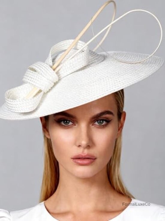 Wide Brim Straw Derby Hat with Feather Fascinator, Adjustable Headband, main image 6